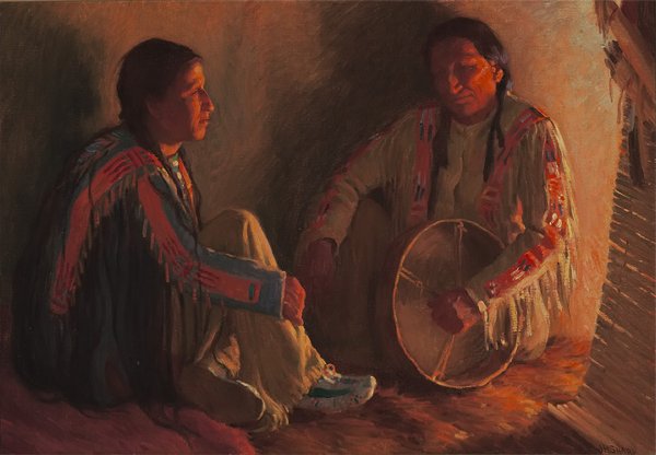 Sharp, J.H., 1859-1953: The Wise Man's Tale~oil on canvas~18 x 26 inches~Born in Bridgport, Ohio, but raised in Cincinnati, Joseph Henry Sharp began training as an artist at the age of fourteen, first at the McMicken School