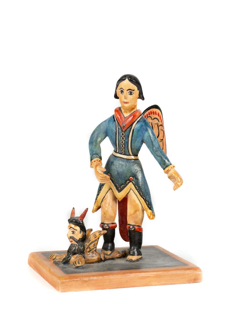 San Miguel Bulto: Charlie Carrillo(b. 1956), San Miguel Bulto, 1987, inscribed on base: SAN MIGUEL Charles M. Carrillo 1987 Dimensions:8 x 5 x 4 inches Artist Name:Charlie Carrillo Medium:wood, gesso and paint Circa: