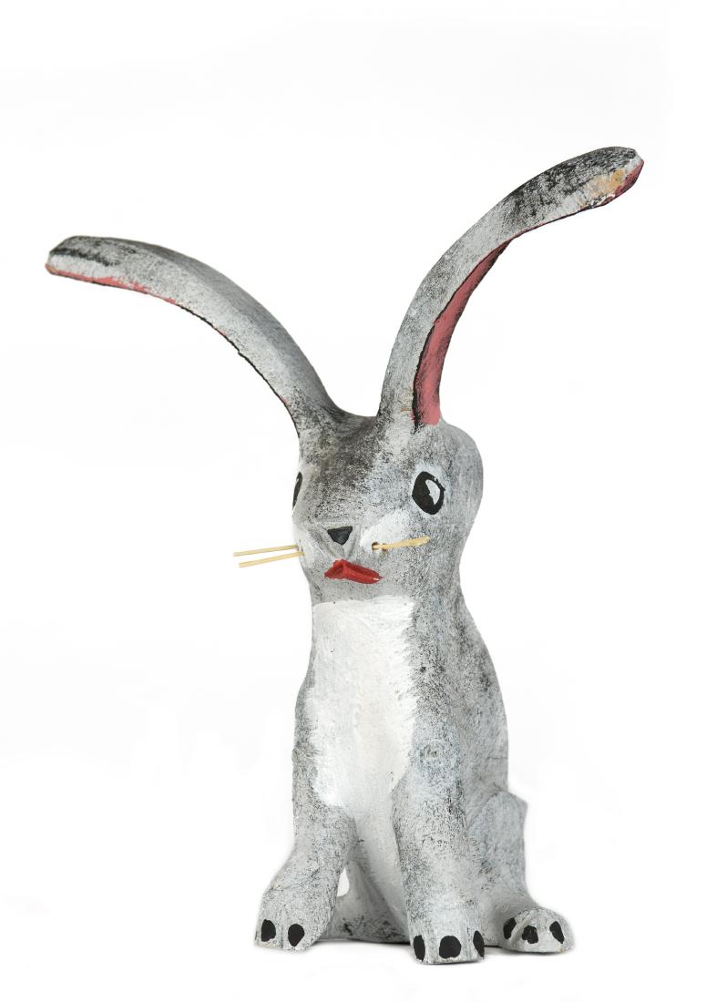 Folk Art Bunny: Hector Rascon, Folk Art Bunny, 1987, signed and dated on bottom: HECTOR BASCON / 87 Dimensions:8 1/2 x 7 x 5 inches Artist Name:Hector Rascon Medium:painted wood and mixed media Circa:1987