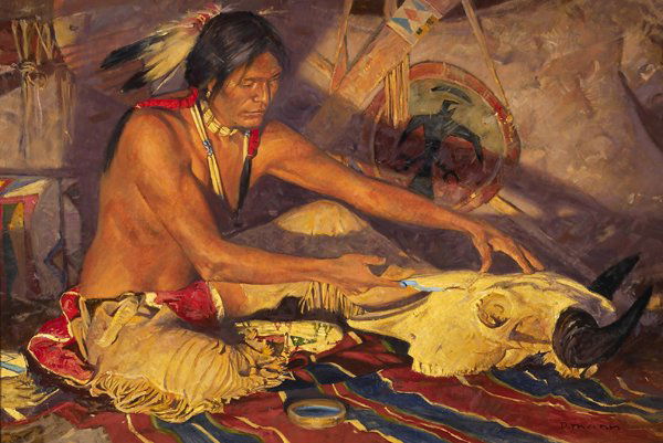 mann david painting american art: MANN, DAVID, B. 1948, AMERICAN, Medicine Buffalo, 24 1/4 x 36 1/4 inches, Oil on canvas, signed lower right: D. Mann