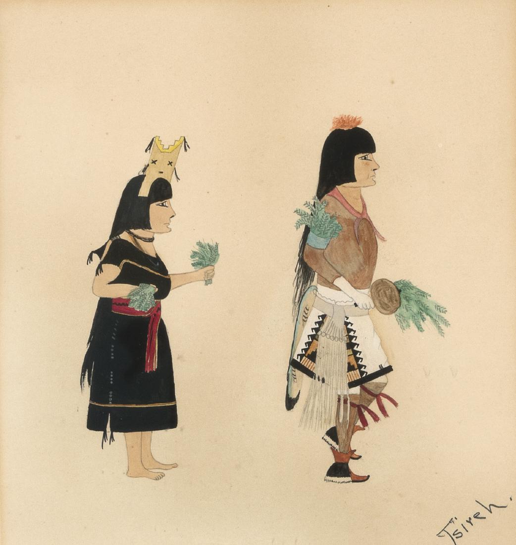 Roybal, Alfonso (Awa Tsireh), San Ildefonso: Alfonso Roybal (Awa Tsir - San Ildefonso - (1898 - 1955) Medium:mixed media on paper Dimensions:9 3/8 x 8 1/2 inches Framed Dimensions:17 1/4 x 15 1/4 x 3/4 inches Signature:signed lower right: