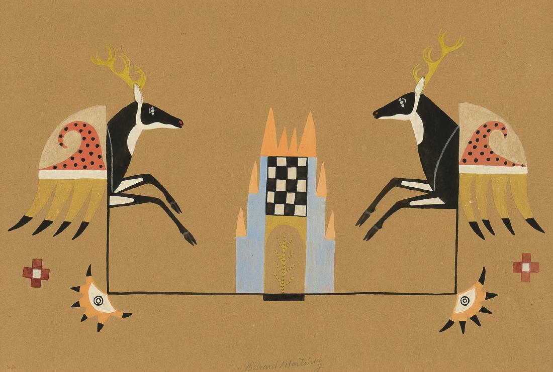 Martinez, Richard, San Ildefonso: Richard Martinez - San Ildefonso - (b. 1942) Medium:mixed media on paper Dimensions:10 3/4 x 16 1/4 inches Framed Dimensions:18 3/4 x 23 x 1 3/8 inches Signature:signed lower center: Richard Mar