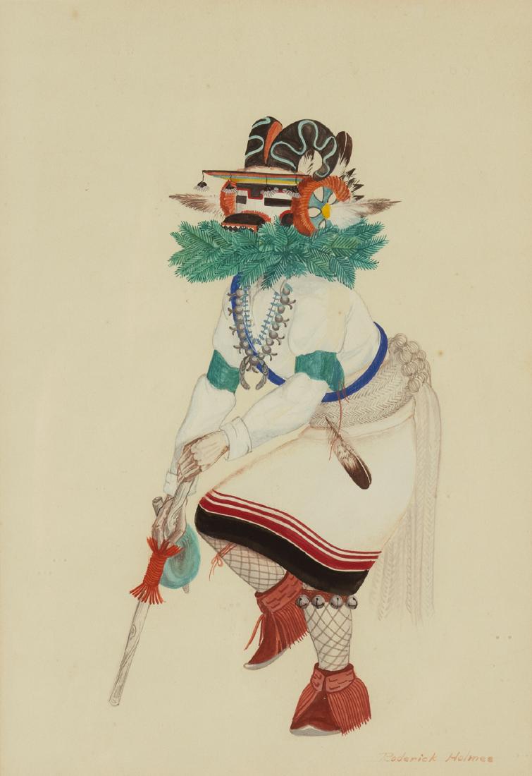 Holmes, Roderick, Hopi: Roderick Holmes - Hopi, 20th Century Medium:gouache on paper Dimensions:11 1/8 x 7 1/2 inches Framed Dimensions:16 15/16 x 13 7/16 x 7/16 inches Signature:signed lower right: Roderick Holmes
