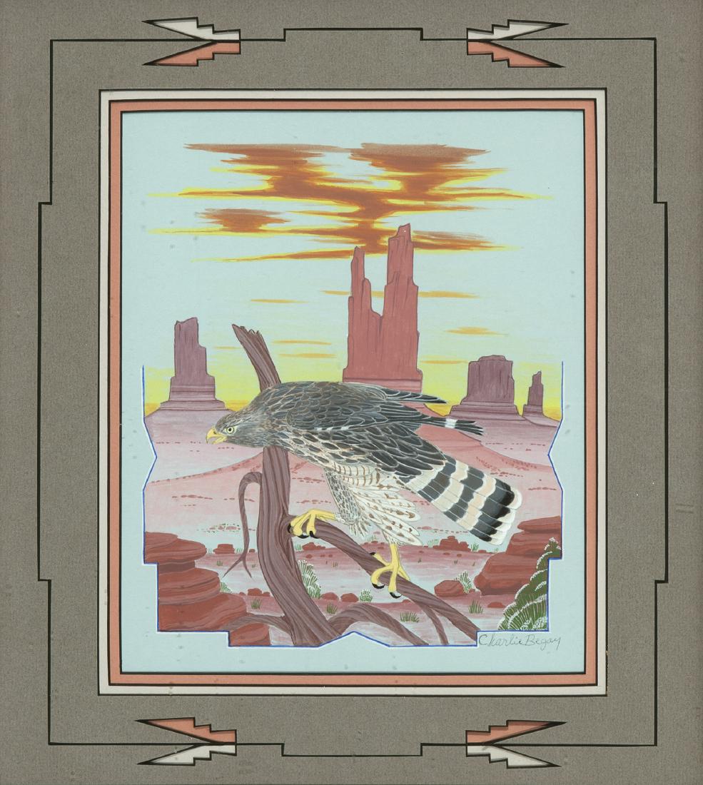 Begay, Charlie, Navajo: Charlie Begay - Navajo Medium:mixed media on paperboard Dimensions:9 7/8 x 8 1/4 inches Framed Dimensions:15 5/8 x 13 7/8 x 7/8 inches Signature:signed lower right: Charlie Begay Prove