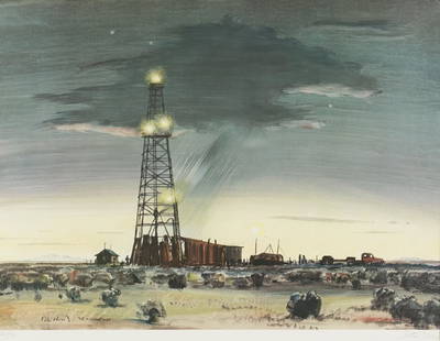 Peter Hurd, The Wildcat Well, 20th c.: The Wildcat Well. Artist Name: Hurd, Peter (1904 - 1984). Medium: offset lithograph. Circa: 20th century. Inscription: edition lower left: 21 / 75. inscribed lower left: Peter Hurd The Wildcat Well. s