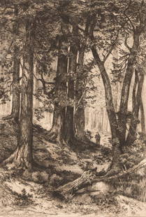 Mary Nimmo Moran, Interior of California Forest.: Interior of a California Forest. Artist Name: Moran, Mary Nimmo (1842 - 1899). Medium: etching. Circa: 1888. Inscription: signed and dated lower left in plate: M. N. MORAN. 1888 verso printed label