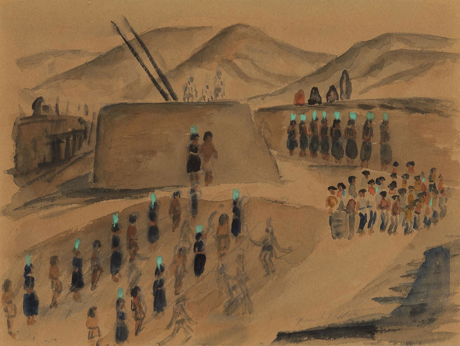 Frank Applegate, Untitled (Pueblo Dance Scene): FRANK APPLEGATE (1881 - 1931) Untitled (Pueblo Dance Scene) watercolor on paper signed lower right: Frank Applegate inscribed verso: (Frank Applegate) Dimensions: 8 3/4 x 11 1/2 inches (sight) Framed