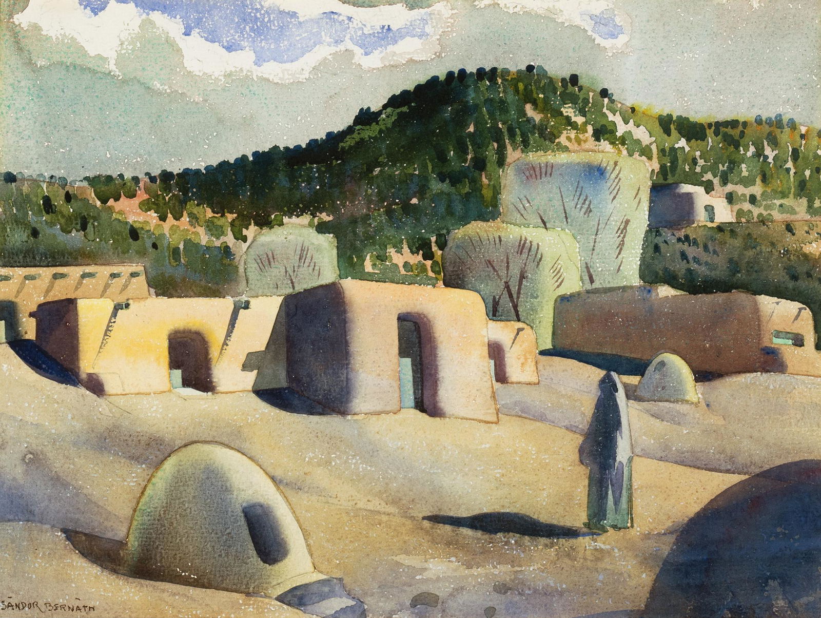 Sandor Bernath, Untitled (New Mexico Adobes): SANDOR BERNATH (1892 - 1984) Untitled, (New Mexico Adobes) watercolor on paper signed lower left: Sandor Bernath Dimensions: 12 1/4 x 16 1/2 inches Framed Dimensions: 22 3/4 x 27 3/4 x 1 3/8 inches Pr