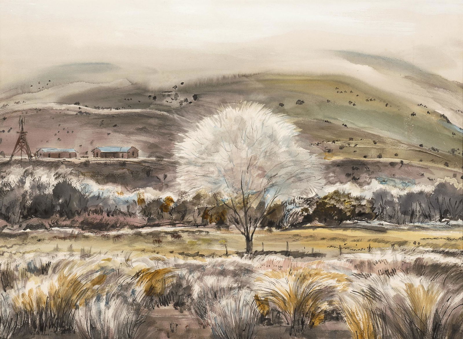 Peter Hurd, A Frosty Morning: PETER HURD (1904 - 1984) A Frosty Morning watercolor on paper signed lower left: Peter Hurd Dimensions: 20 3/4 x 28 5/8 inches Framed Dimensions: 34 1/4 x 40 1/4 x 1 3/4 inches Provenance: Associated