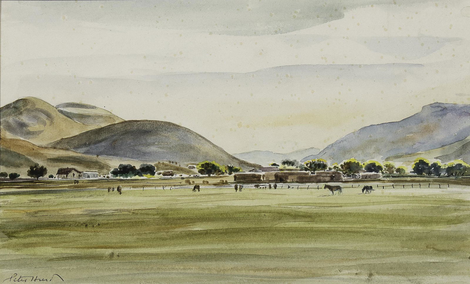 Peter Hurd, Adobe House with Clouds in Meadow: PETER HURD (1904 - 1984) Adobe House with Clouds in Meadow watercolor on paper signed lower left: Peter Hurd Dimensions: 6 x 10 inches Framed Dimensions: 13 1/2 x 16 1/2 x 1 1/4 inches Provenance: Pri