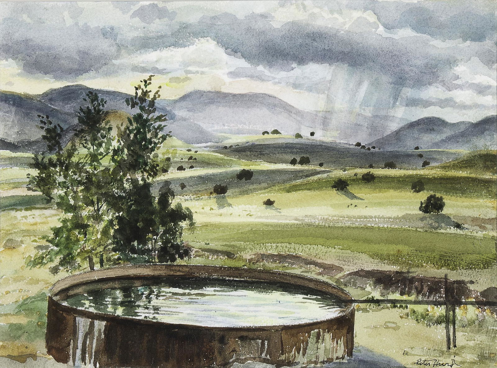 Peter Hurd, Watertank Clouds / Mountain Shower: PETER HURD (1904 - 1984) Watertank Clouds / Mountain Shower watercolor and ink on paper signed lower right: Peter Hurd Dimensions: 8 1/3 x 11 1/3 inches Framed Dimensions: 17 x 19 1/2 x 3/4 inches Pro
