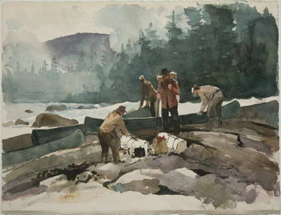 Chet Reneson, Untitled (Men by Canoes): CHET RENESON (b. 1934) Untitled (Men by Canoes) watercolor on paper signed lower right: RENESON Dimensions: 23 x 30 1/4 inches Provenance: Private Collection, Pennsylvania