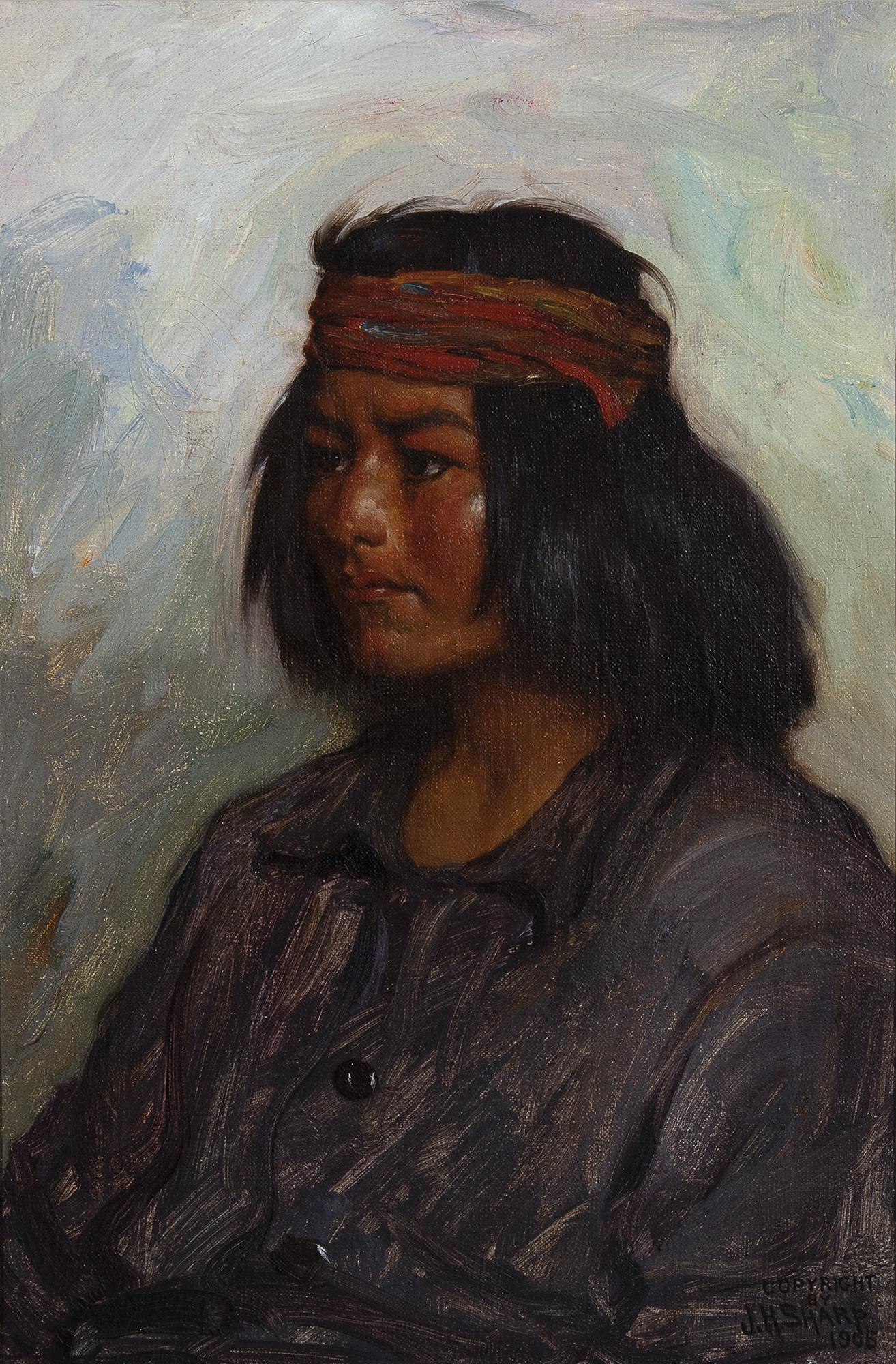 Joseph Henry Sharp, Chizchile, Navajo: JOSEPH HENRY SHARP (1859 - 1953) Chizchile, Navajo, 1905 oil on canvas signed and dated lower right: COPYRIGHT / BY / J.H SHARP. / 1905 titled along lower canvas edge: CHIZCHILE NAVAJO Dimensions: 18