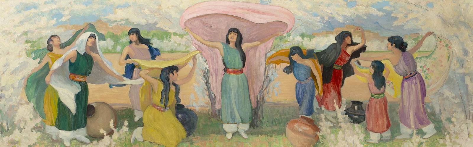 Bert Phillips, After the Ceremony: BERT GEER PHILLIPS (1868 - 1956) After the Ceremony oil on board signed lower right: PHillips Dimensions: 24 3/8 x 75 1/2 inches Provenance: Gerald Peters Gallery, Santa Fe, 1982 Mr. and Mrs. John Mar