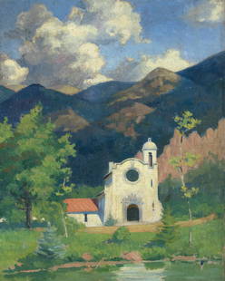 Kenneth Stevens MacIntire, Pauline Chapel: KENNETH STEVENS MACINTIRE (1891 - 1979) Pauline Chapel, Pikes Peak, Colorado, 1938 oil on canvas inscribed verso: PALINE / CHAPEL stamped verso: Original by / KENNETH STEVENS MacINTIRE / 1891 - 1979 /