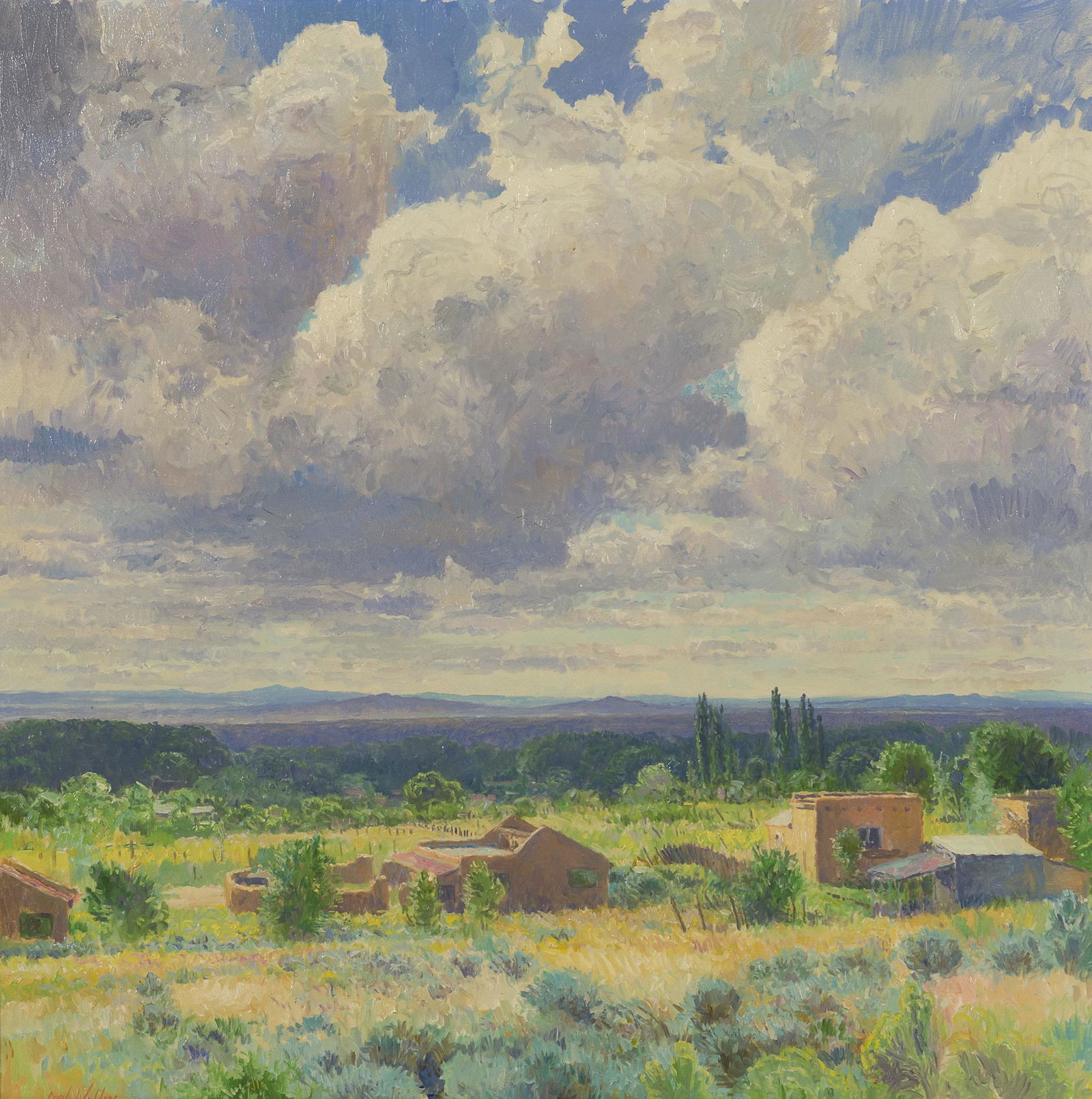 Curt Walters, Clouds of Change: CURT WALTERS (b. 1950) Clouds of Change oil on canvas signed lower left: Curt Walters inscribed verso: "CLOUDS OF CHANGE" Dimensions: 40 x 40 inches Framed Dimensions: 54 x 54 x 4 inches Provena