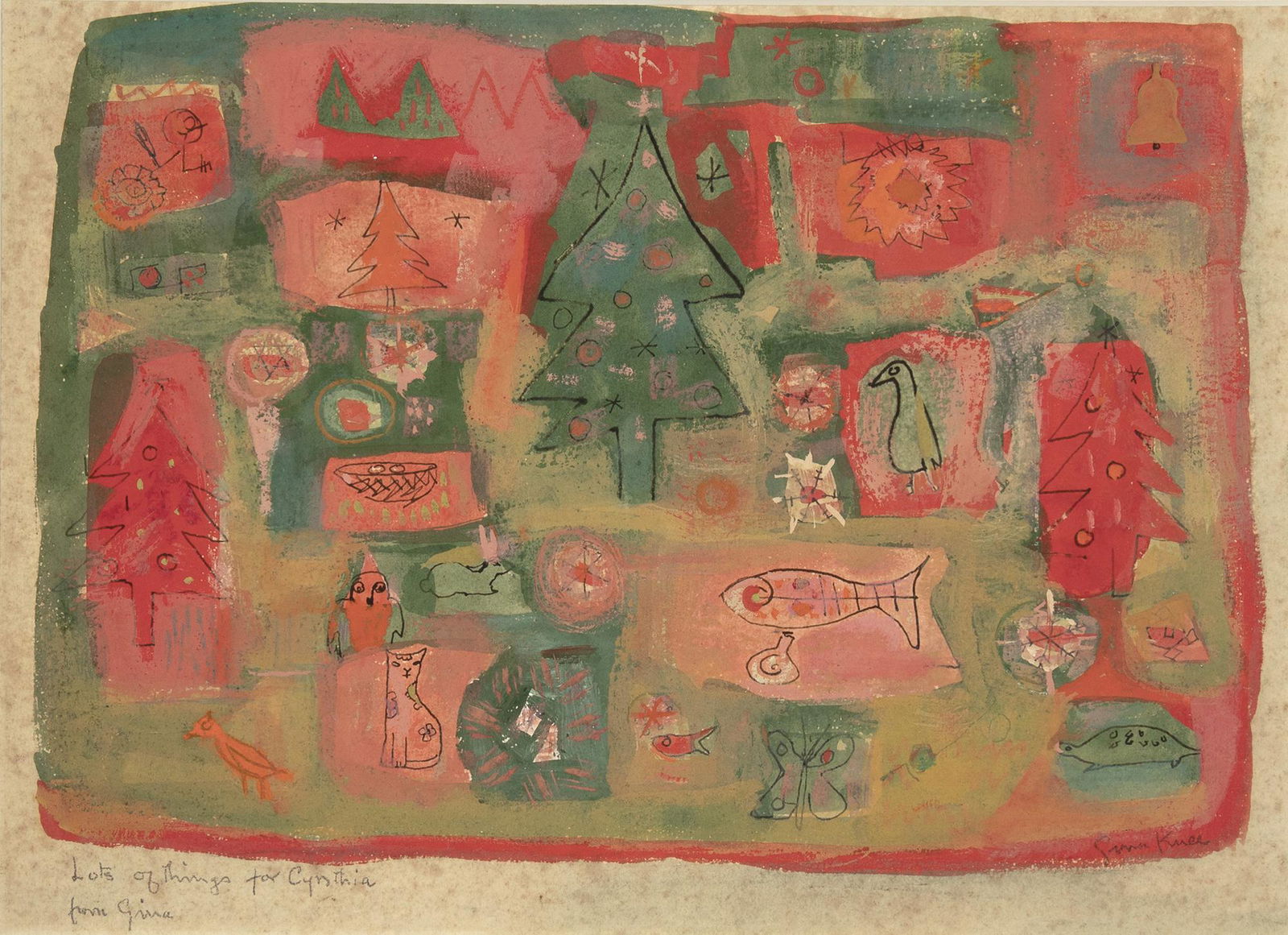 Gina Knee, Lots of Things for Cynthia: GINA KNEE (1898 - 1982) Lots of Things for Cynthia gouache and ink on paper signed lower right: Gina Knee inscribed lower left: "Lots of Things for Cynthia / from Gina" Dimensions: 9 3/8 x 12 3/4 inch