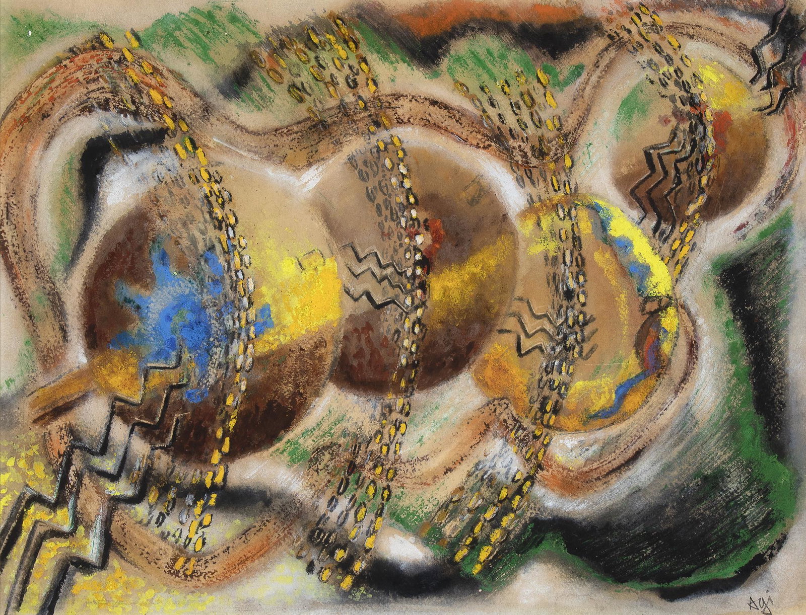 Agnes Sims, Dance Rattles: ANGES SIMS (1910 - 1990) Dance Rattles watercolor and gouache on paper signed lower right: Agi Dimensions: 16 1/4 x 21 1/2 inches Framed Dimensions: 27 x 32 x 1 inches Provenance: Zaplin Lampert Galle