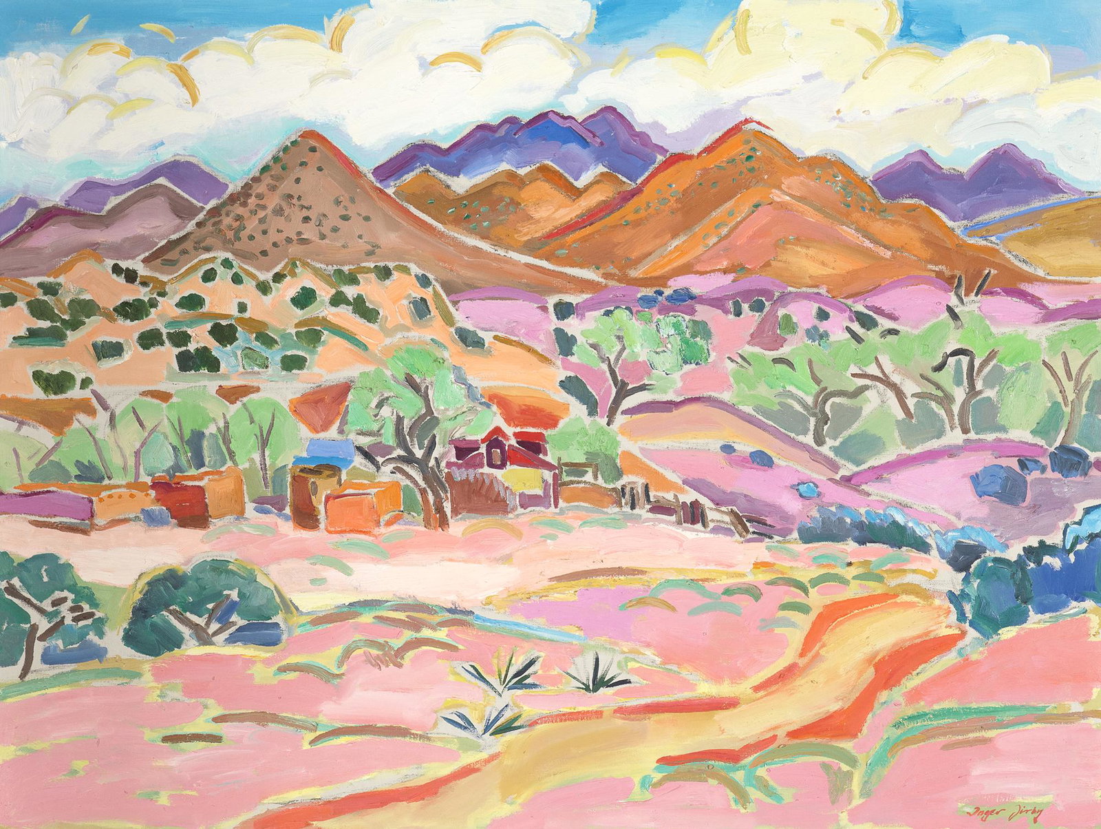 Inger Jirby, Spring Comes to La Cienega: INGER JIRBY (b. 1942) Spring Comes to La Cienega , 1988 oil on canvas signed lower right: Inger Jirby inscribed verso: "SPRING COMES TO LA CIENEGA" / Â© Inger Jirby 36 x 48" / Santa Fe, N.M. / April