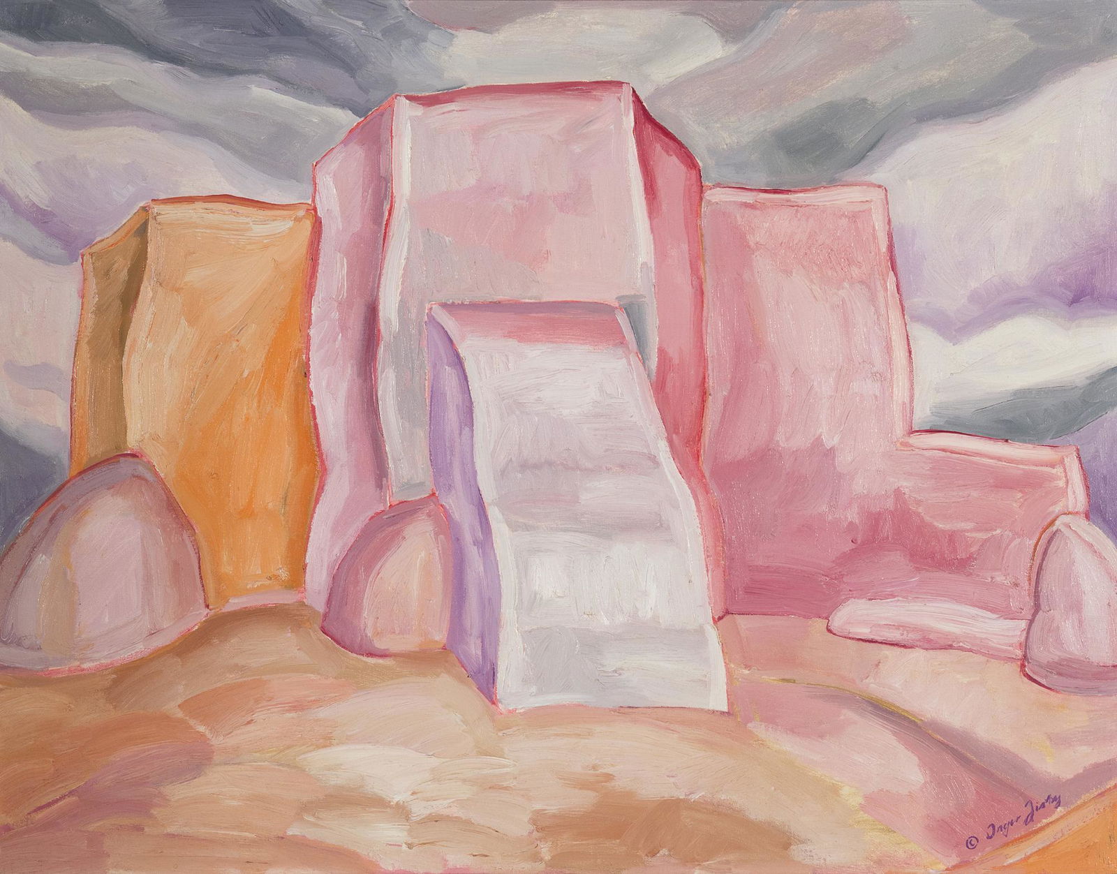 Inger Jirby, Ranchos de Taos, 1982: INGER JIRBY (b. 1942) Ranchos de Taos , 1982 oil on canvas signed lower right: Â© Inger Jirby inscribed verso: "Ranchos de Taos" / Â© Inger Jirby 28 x 36" / Sept 1982 OIL ON CANVAS / Santa Fe, N.M