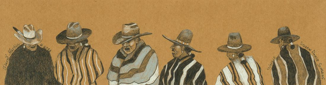 Leland Martin, Navajo Squaw Dance Singers, 1984: Leland Martin (20th century) Navajo Squaw Dance Singers mixed media on paper 1984 signed and dated center left: Leland Martin artist's cipher 1984, titled center right: "NAVAJO SQUAW DANCE SINGERS" Di