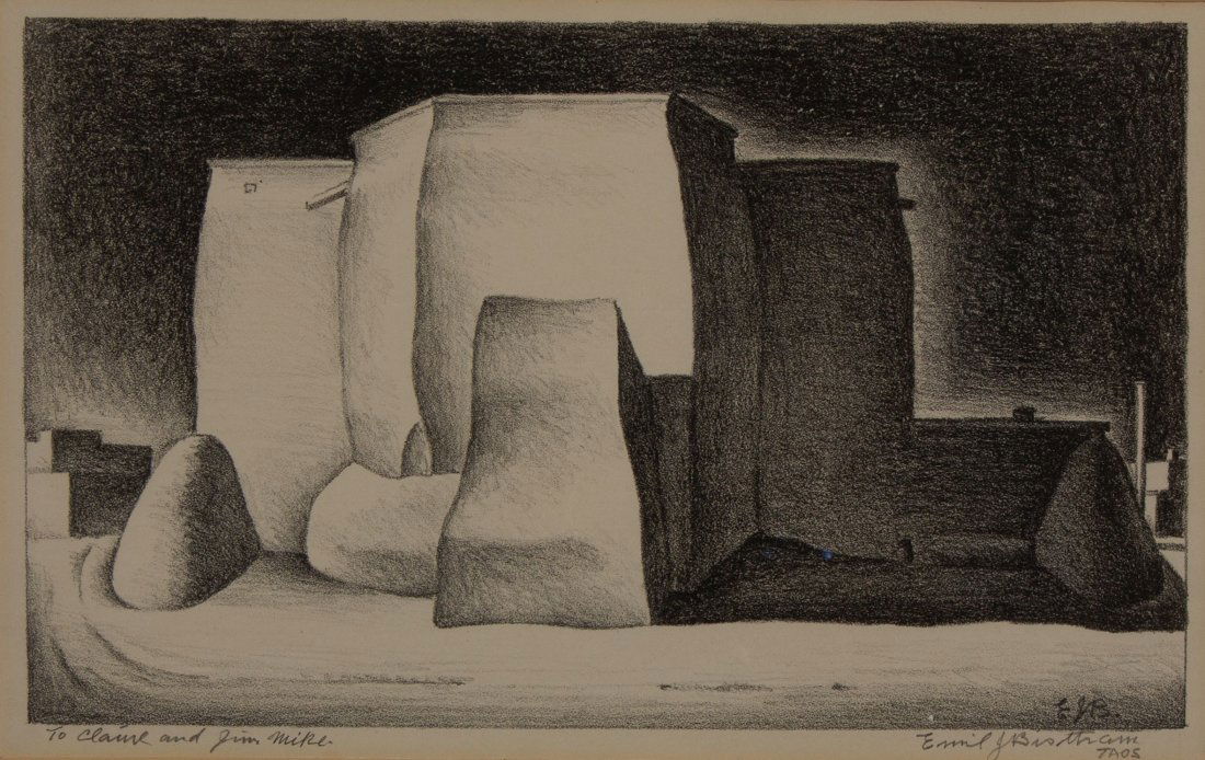 Emil Bisttram, Ranchos de Taos Church, 1934: Emil Bisttram (1895 - 1976) Ranchos de Taos Church, 1934 lithograph on paper Dimensions: 6 7/8 x 11 1/4 in. Framed Dimensions: 12 1/4 x 16 x 1/2 in. initialed and signed lower right: EJB / Emil J Bist
