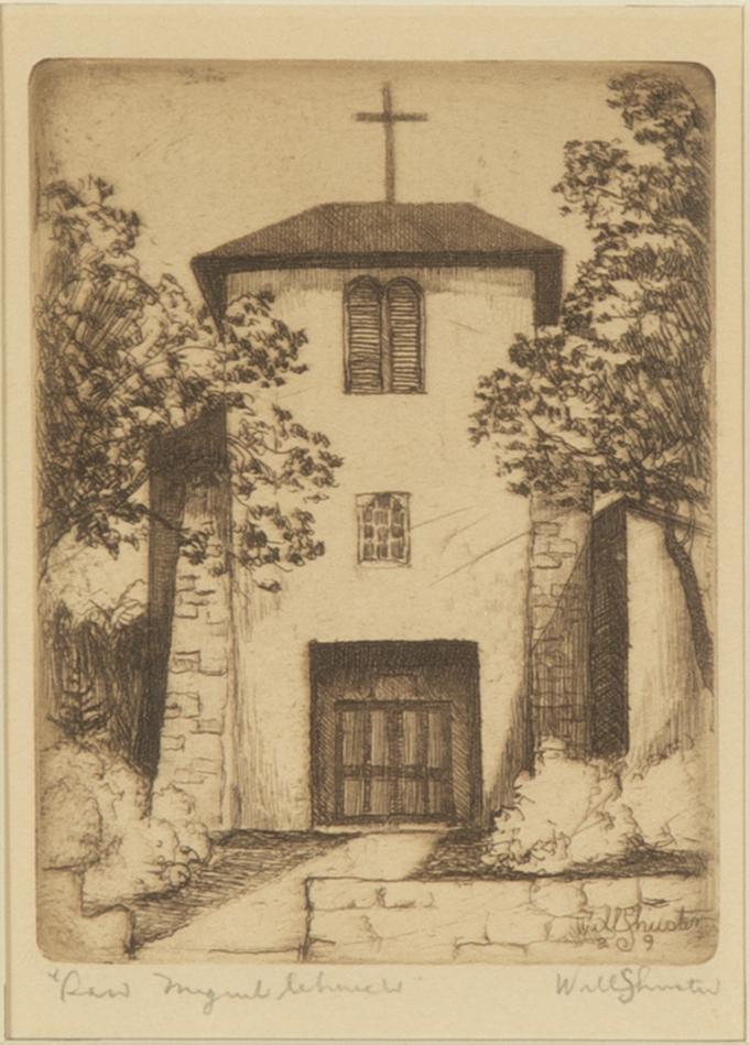 Will Shuster, San Miguel Church, 1929: Will Shuster (1893 - 1969) San Miguel Church, 1929 etching Dimensions: 4 x 3 in. Framed Dimensions: 11 7/8 x 9 1/2 x 5/8 in. signed in pencil lower right: Will Shuster_x000D_ titled in pencil lower le