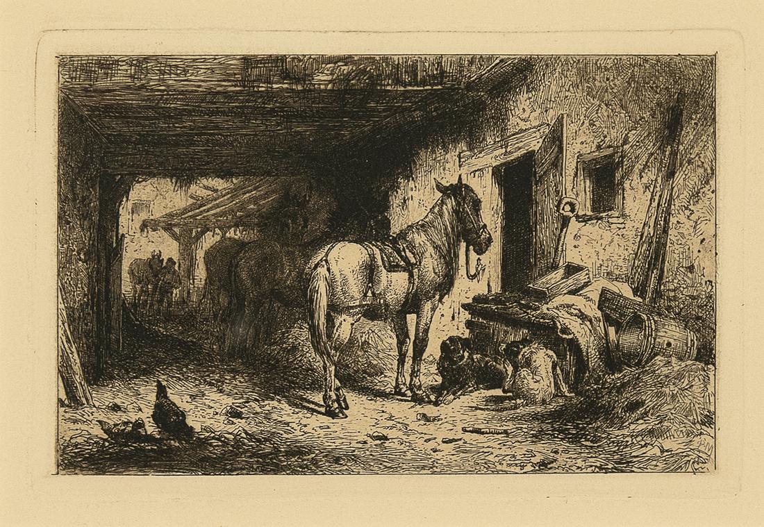 Peter Moran, The Noonday Rest, 1880: Peter Moran (1841 - 1914) The Noonday Rest, 1877, 1880 etching Dimensions: 3 7/8 x 5 7/8 in. Framed Dimensions: 13 1/8 x 15 x 1 1/2 in. Published by American Art Review, Boston signed in plate lower r
