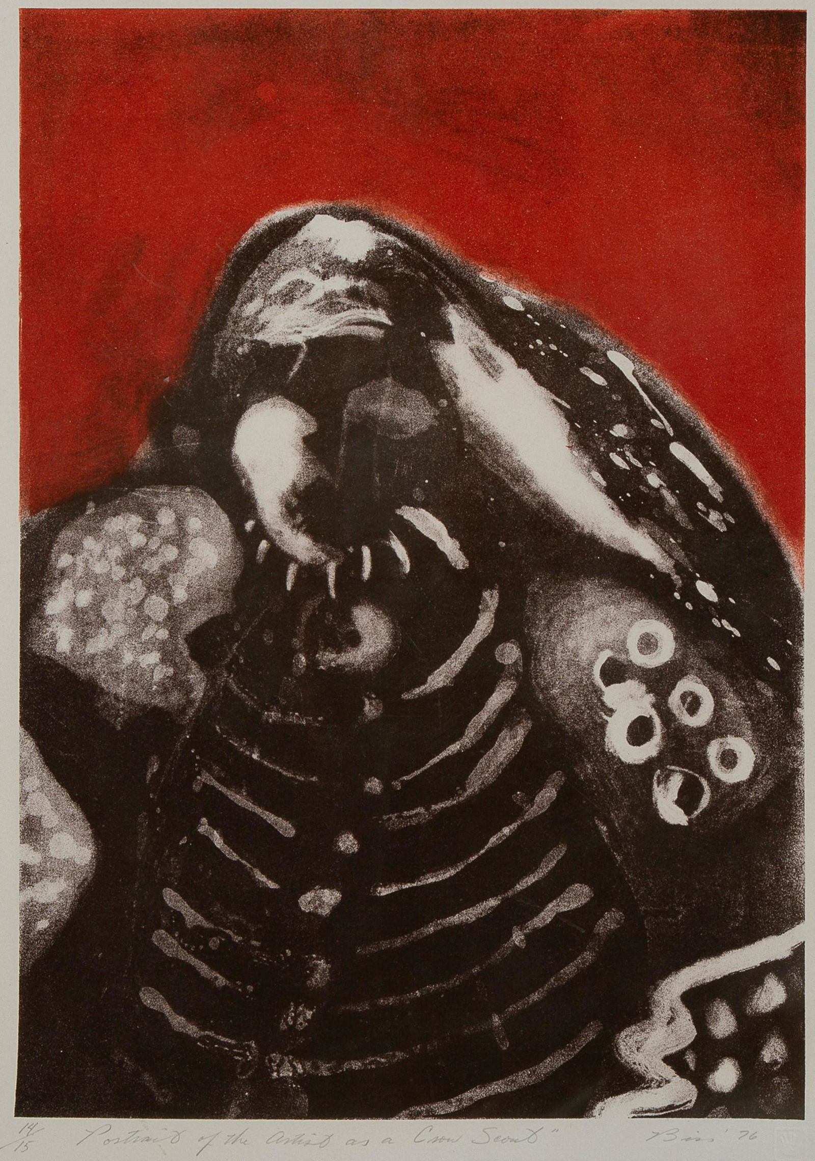 Earl Biss, Portrait of the Artist as a Crow Scout: Earl Biss (Crow, 1947 - 1998) Portrait of the Artist as a Crow Scout, 1976 color lithograph, 14 / 15 Dimensions: 15 3/4 x 11 1/4 in. Sheet Dimensions: 19 3/4 x 15 1/4 in. signed and dated lower right: