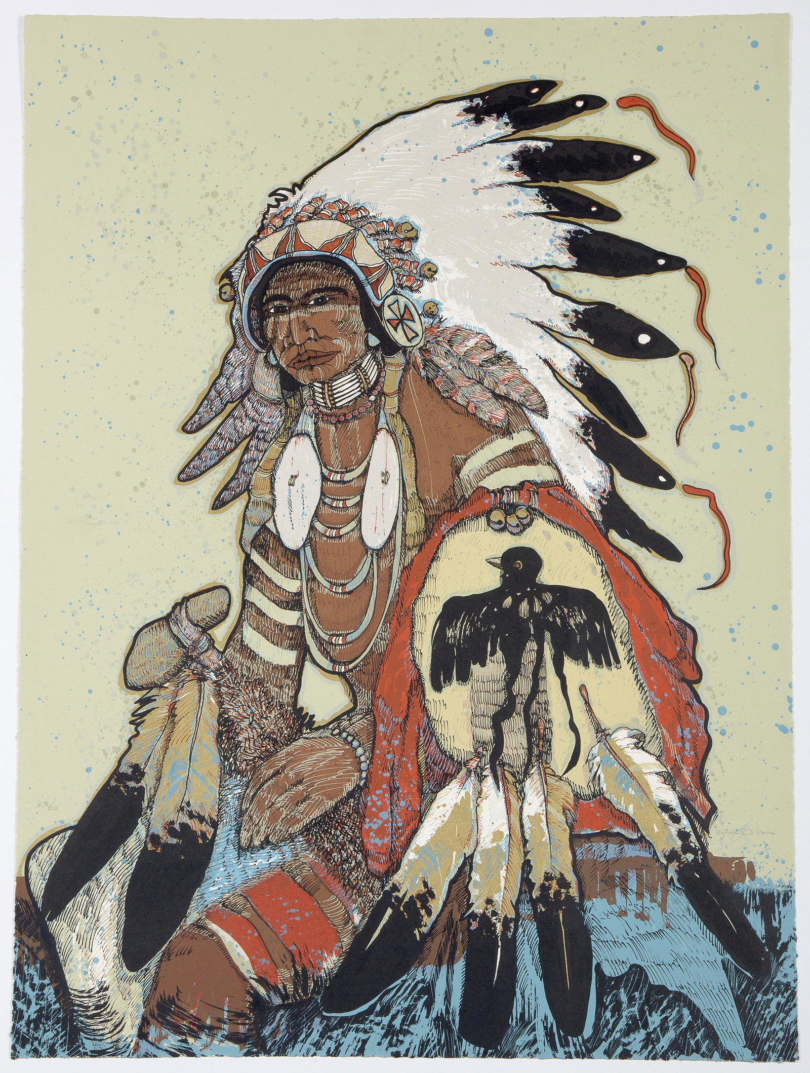 Kevin Red Star, Strikes Going, 1984: Kevin Red Star (Crow, b. 1943) Strikes Going, 1984 serigraph, 25 / 60 Dimensions: 30 x 22 in. Printed by Serigraphics, Albuquerque, New Mexico. Chop mark at lower left corner. signed lower right: Kevi