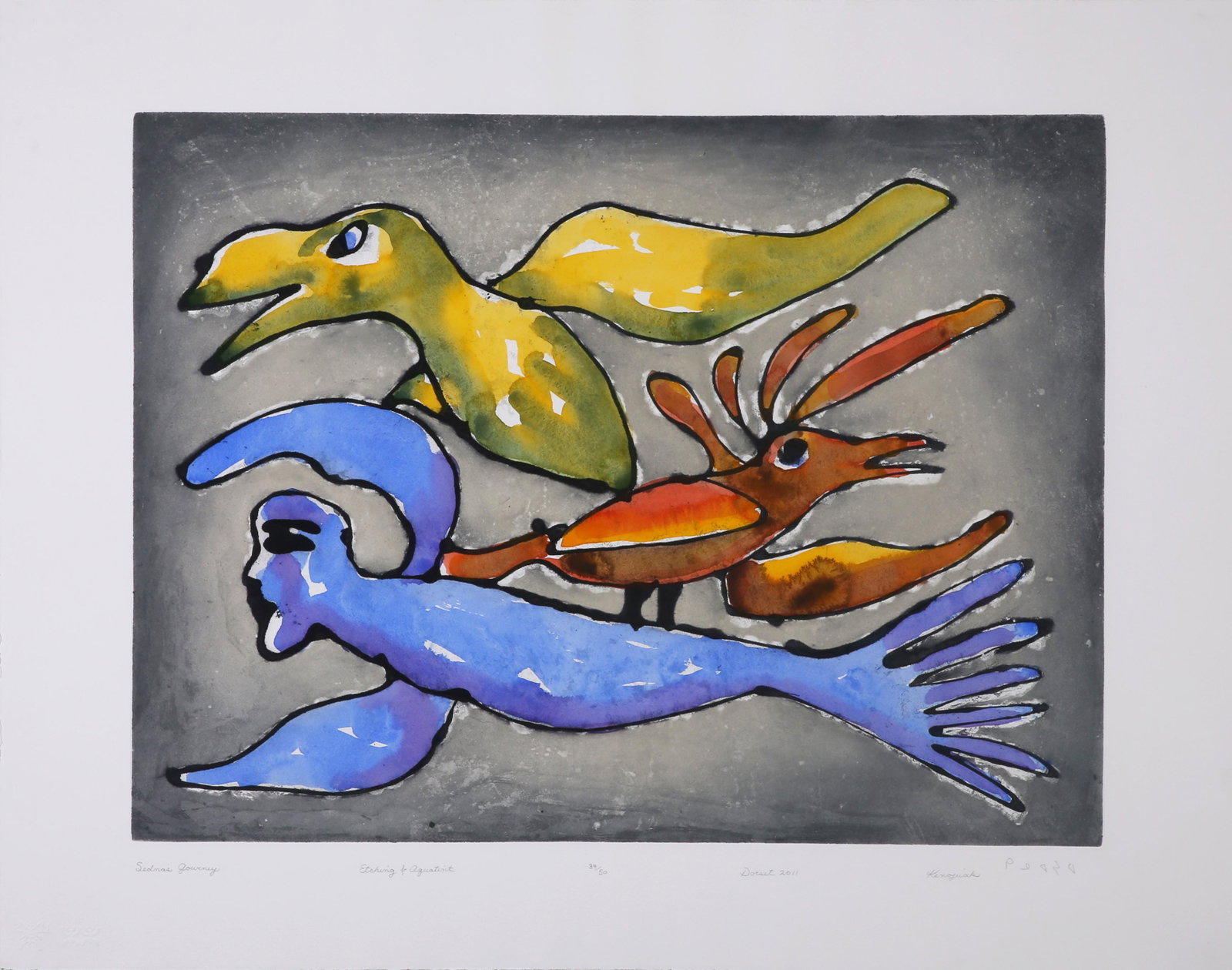 Kenojuak Ashevak, Sedna's Journey, 2011: Kenojuak Ashevak (Canadian/Inuit, 1927 - 2013) Sedna's Journey , 2011 etching and aquatint , 34 / 50 Dimensions: 23 3/4 x 31 1/2 in. Framed Dimensions: 37 5/8 x 46 1/2 x 7/8 in. etching, aquatint, sug