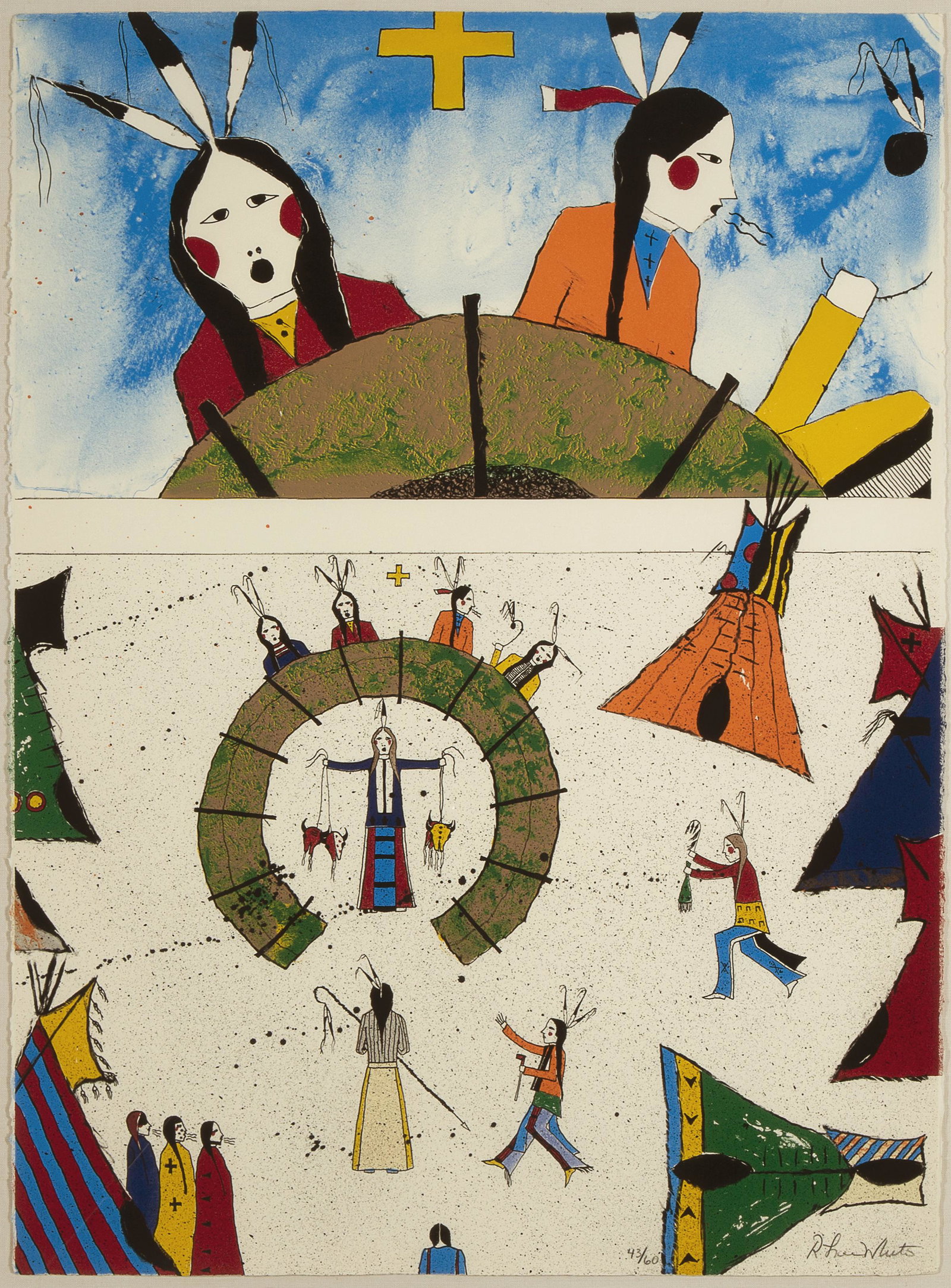 Randy Lee White, Untitled (Sioux Indian Village): Randy Lee White (b. 1951) Untitled (Sioux Indian Village) color lithograph, 43 / 60 Dimensions: 30 x 22 in. Framed Dimensions: 34 3/4 x 26 7/8 x 1 1/2 in. signed and editioned lower right: 43 / 60 Ran