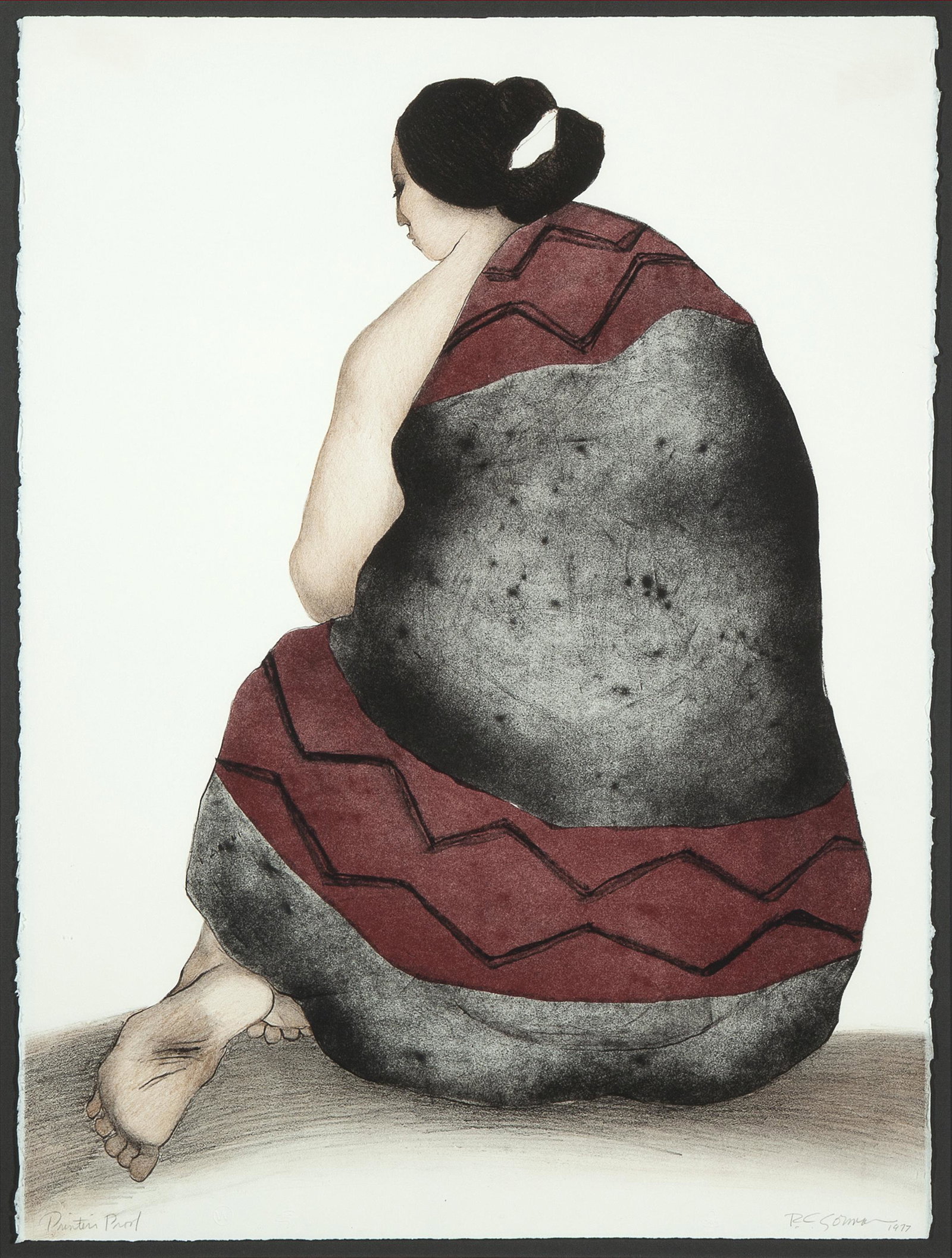 R. C. Gorman, Woman with Manta, 1977: R. C. Gorman (1932 - 2005) Woman with Manta, 1977 color lithograph, Printer's Proof Dimensions: 30 x 22 1/4 in. Framed Dimensions: 38 x 30 3/4 x 1 1/2 in. signed and dated lower right: R.C. Gorman 197