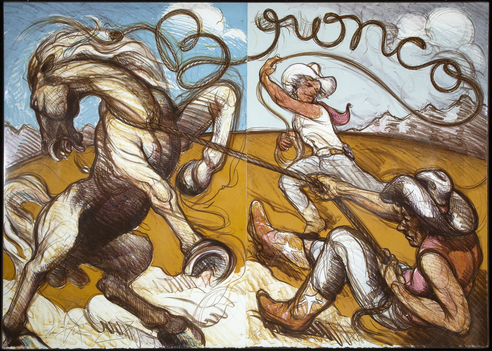 Luis Jimenez, Bronco (Cowboy and Horse), 1978: Luis Jimenez (1940 - 2006) Bronco (Cowboy and Horse), 1978 lithograph in colors, 34 / 35 Dimensions: 39 1/2 x 28 in. (each panel) Matted Dimensions: 39 3/4 x 56 3/8 in. editioned, signed and dated low