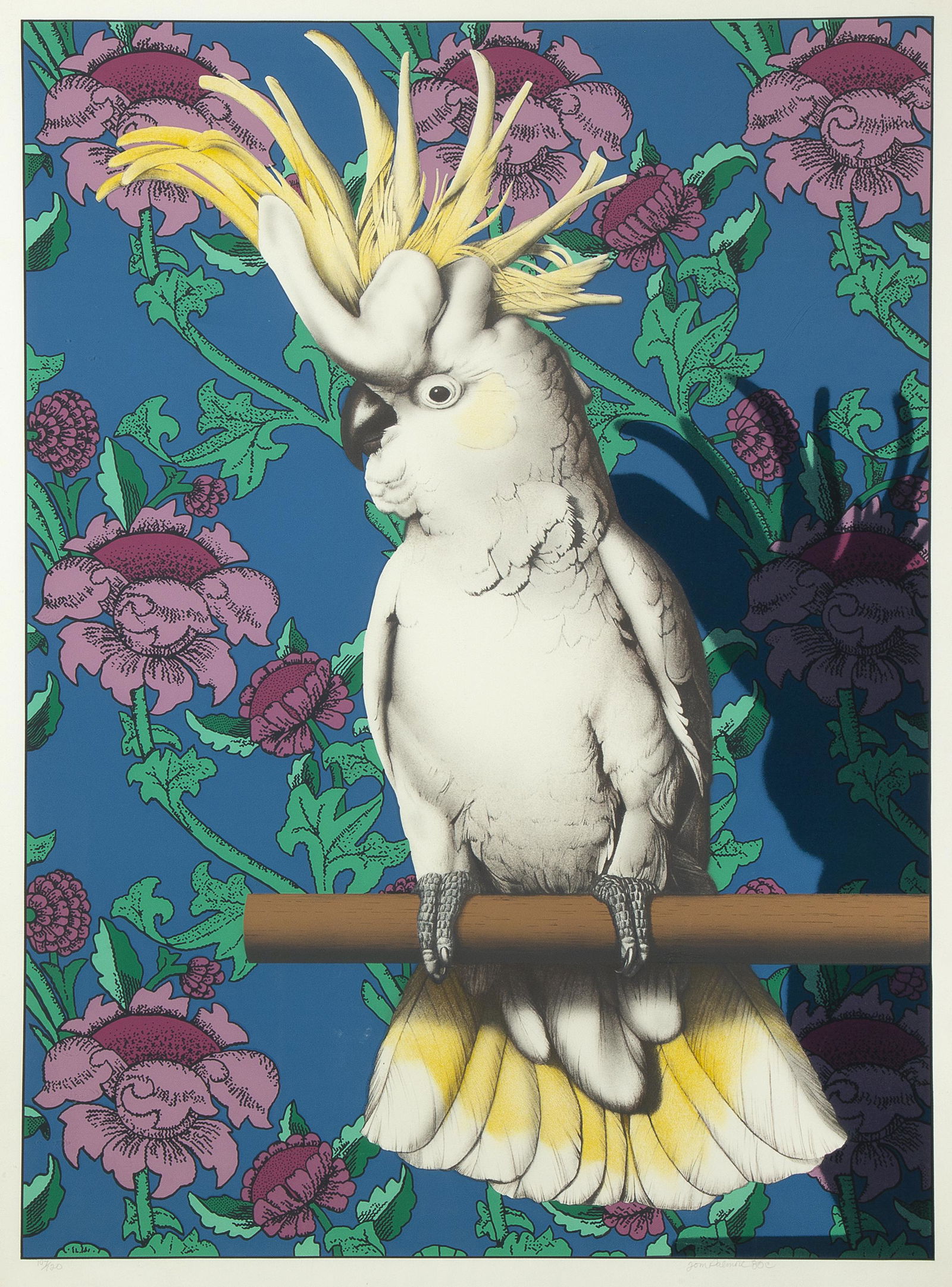 Tom Palmore, Cockatoo, 1980: Tom Palmore (b. 1945) Cockatoo, 1980 color lithograph, 107 / 120 Dimensions: 34 1/8 x 25 1/8 in. Matted Dimensions: 41 x 28 in. signed and dated lower right: Tom Palmore 80@_x000D_ editioned lower lef