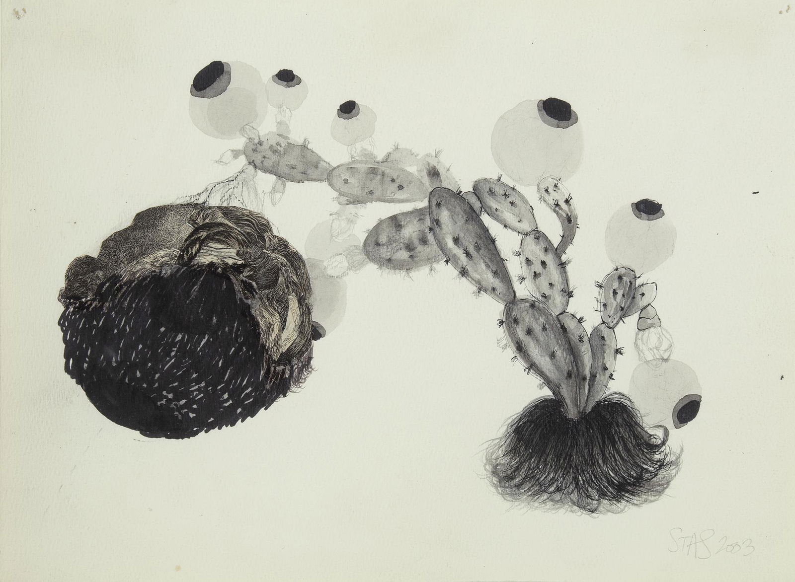 Stas Orlovski, Bloom, 2003: Orlovski, Stas (b. 1969) Bloom , 2003 ink, graphite, and collage Dimensions: 8 7/8 x 11 7/8 in. (actual) Framed Dimensions: 11 3/4 x 14 7/8 x 1 1/4 in. signed and dated lower right: STAS 2003 Provenan