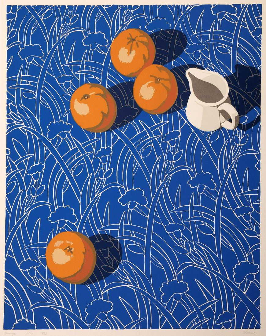 Phyllis Sloane, Oranges, 1983: Phyllis Sloane (1921 - 2009) Oranges, 1983 silkscreen, 2 / 10 Dimensions: 22 x 18 in. Framed Dimensions: 30 x 22 in. signed lower right: Sloane_x000D_ titled, editioned and dated lower left: Oranges 2
