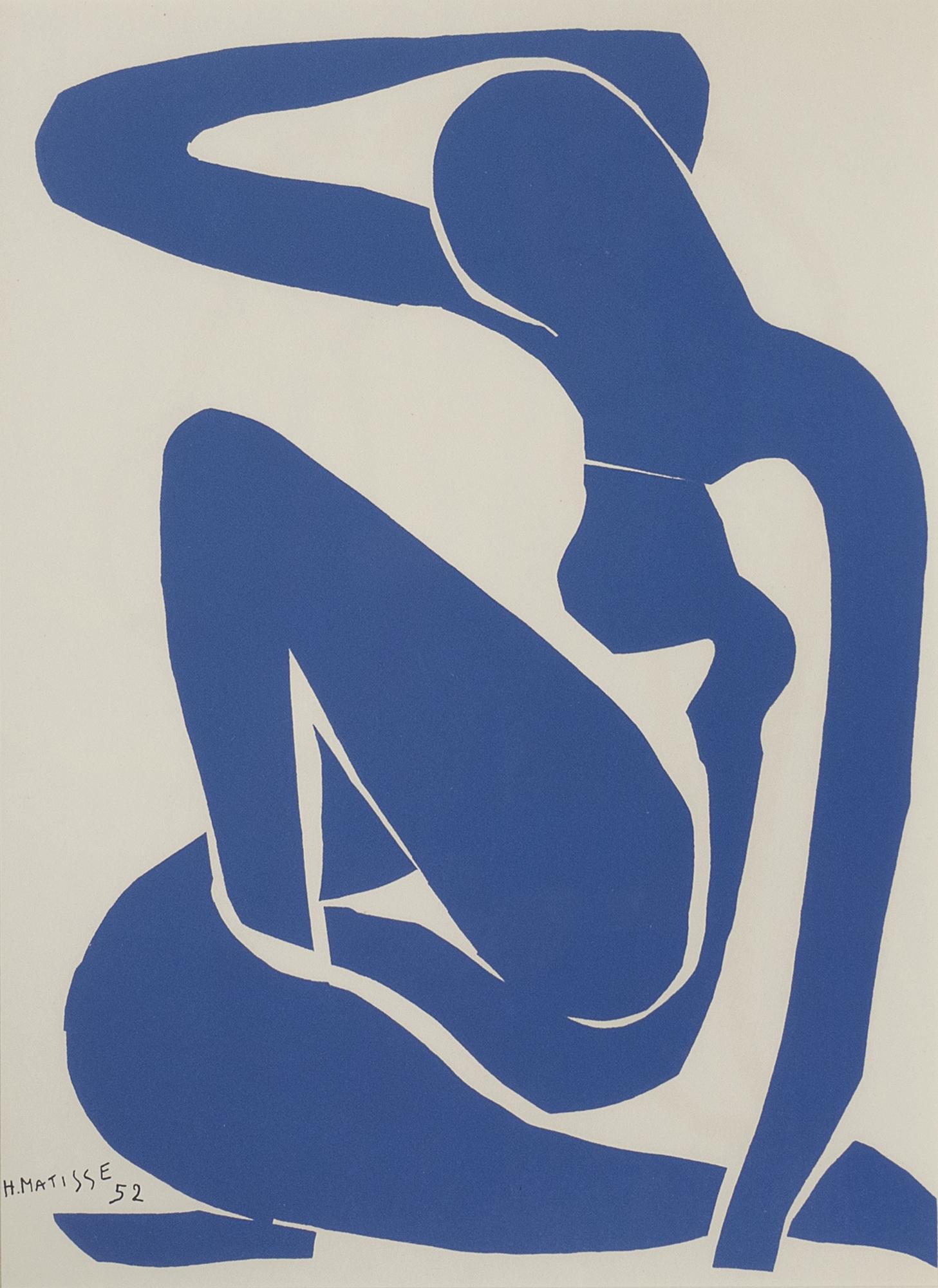 Henri Matisse, Nu Bleu I, 1952: Henri Matisse (French, 1869-1954) Nu Bleu I , 1952 color lithograph Dimensions: 13 3/4 x 10 in. Framed Dimensions: 20 5/8 x 16 3/4 x 1 1/4 in. signed lower right: H. Matisse / 52 Provenance: Private C