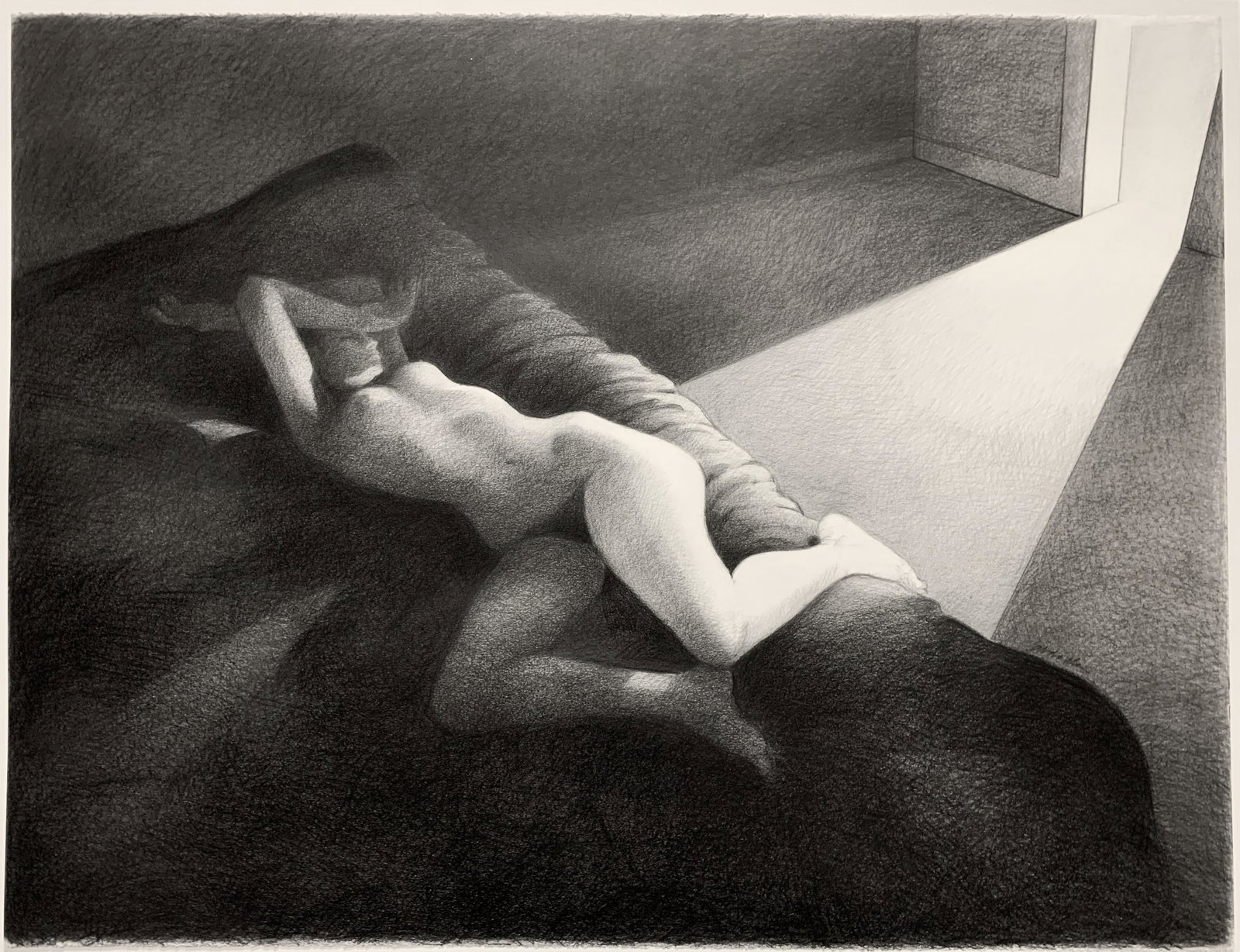 Nick Abdalla, Untitled (Reclining Nude): Nick Abdalla (b. 1939) Untitled (Reclining Nude) graphite and conte crayon on paper Dimensions: 38 1/8 x 50 inches Framed Dimensions: 40 1/4 x 52 x 1 3/8 inches signed middle right: abdalla Provenance