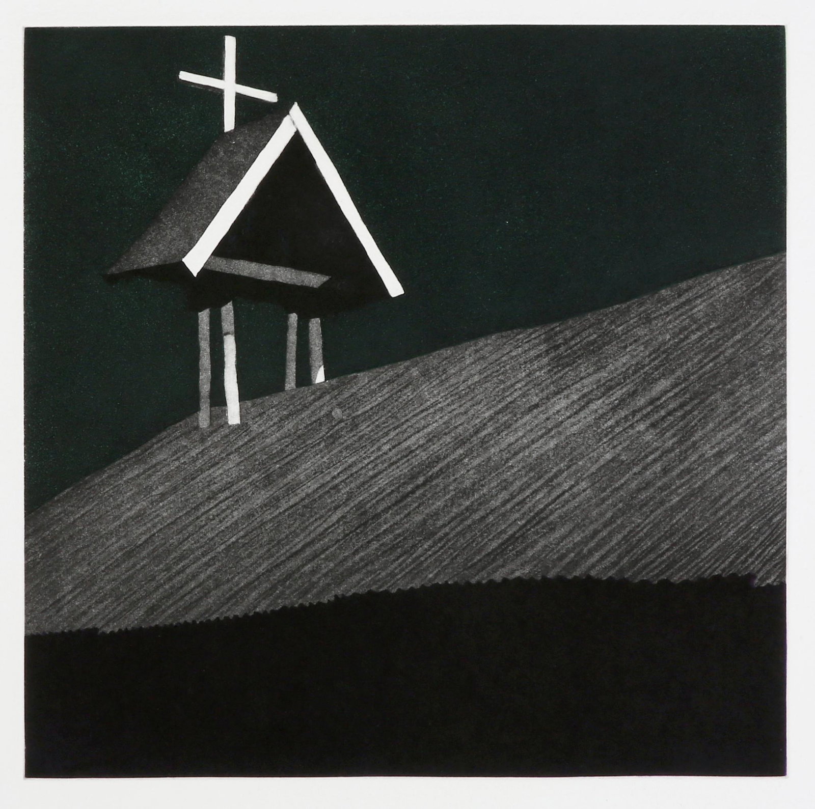 Harold Joe Waldrum, Las Sombras...: Harold Joe Waldrum (1934 - 2003) Las sombras de los edificios religiosos de Nuevo Mexico Norte. Plate Nine: Las sombras en el campanario de la morada en Chacón, 1984-1985 aquatint etching , VI / IX D