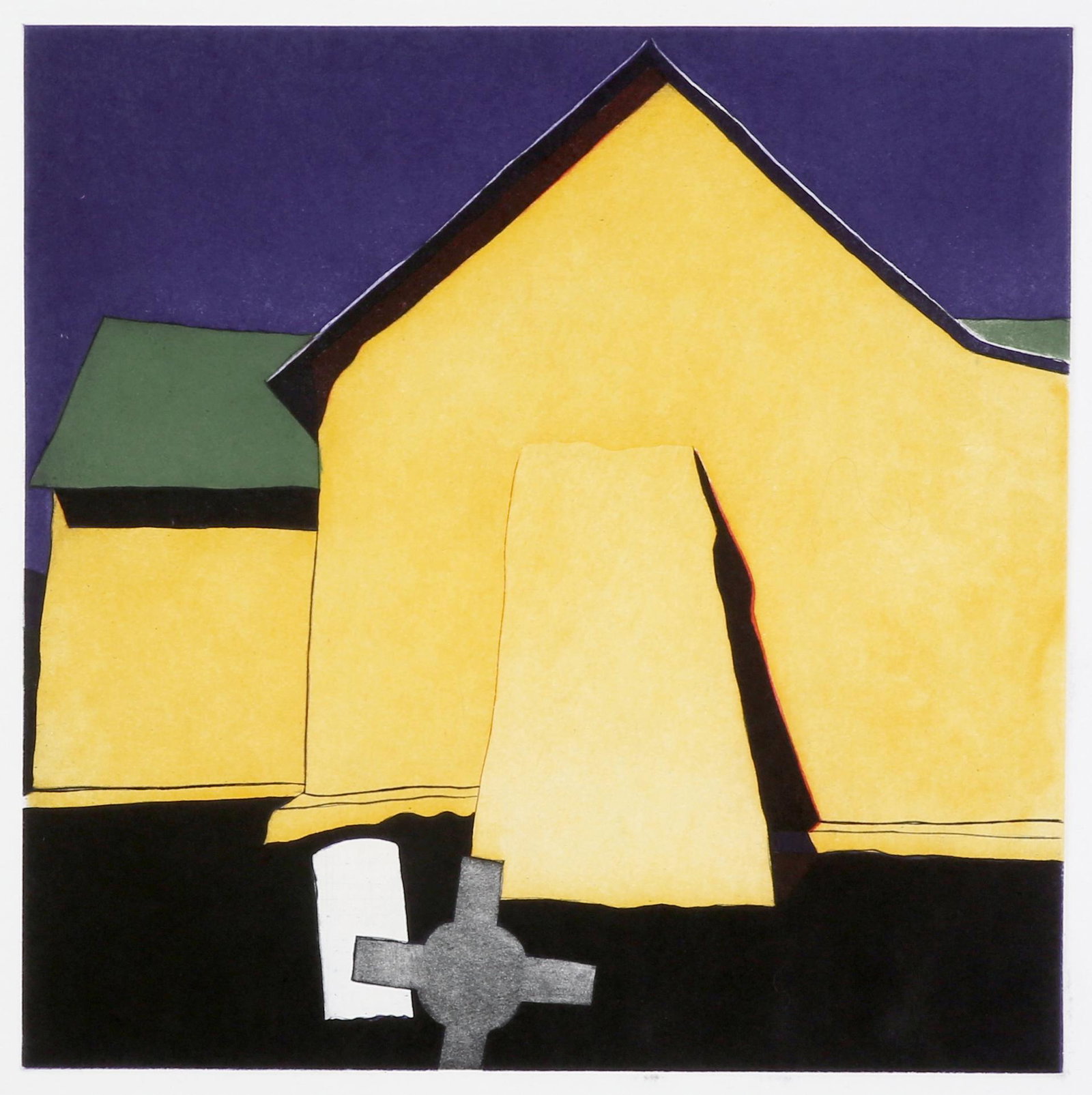 Harold Joe Waldrum, Las Sombras...: Harold Joe Waldrum (1934 - 2003) Las sombras de los edificios religiosos de Nuevo Mexico Norte. Plate Five: La sombra del machón atrás de la capilla de San Antonio en Chacón, 1984-1985 aquatint etc