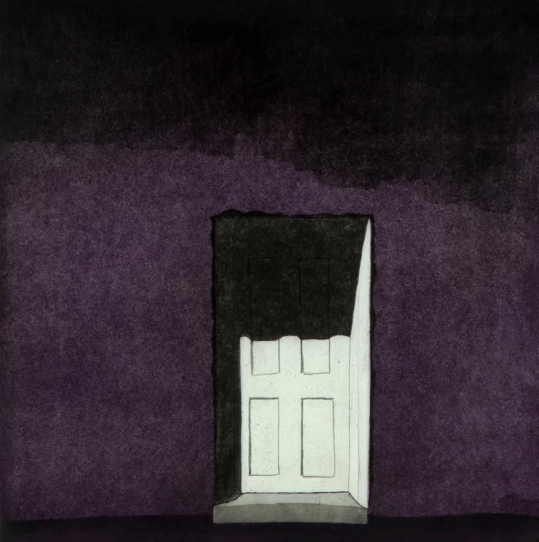 Harold Joe Waldrum, Las Sombras...: Harold Joe Waldrum (1934 - 2003) Las sombras de los edificios religiosos de Nuevo Mexico Norte. Plate Three: La sombra en la puerta de la morada en Truchas, 1984-1985 aquatint etching, VI / IX Dimensi