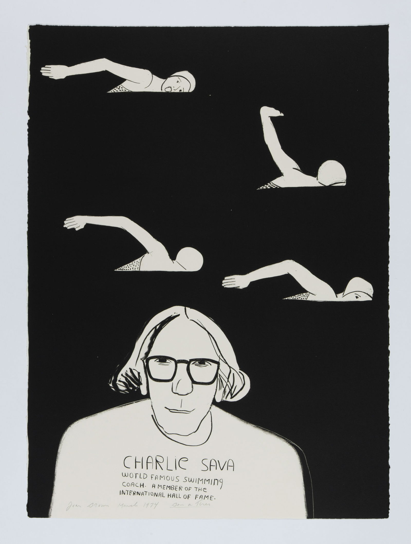 Joan Brown, Charlie Sava, 1974: Joan Brown (1938 - 1990) Charlie Sava, 1974 lithograph, Bon Ã Tirer Dimensions: 30 1/8 x 22 in. signed, dated and editioned lower left: Joan Brown March 1974 Bon a Tirer_x000D_ titled in block lowe