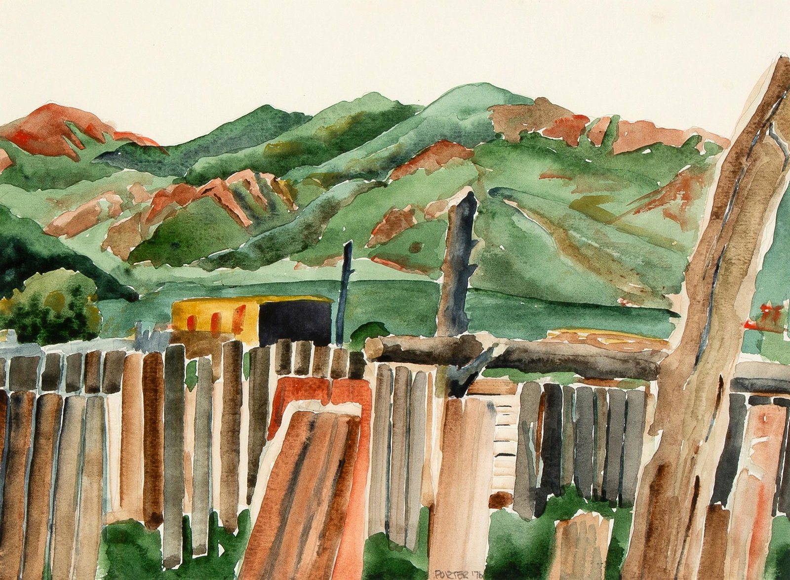 Dean Porter, Fences, Taos Pueblo, 1976: Dean Porter (b. 1939) Fences Taos Pueblo 1976 watercolor and graphite on paper signed and dated lower center: PORTER 76 Dimensions: 10 3/8 x 14 1/4 in Framed Dimensions: 17 1/4 x 20 5/8 x 3/4 in 