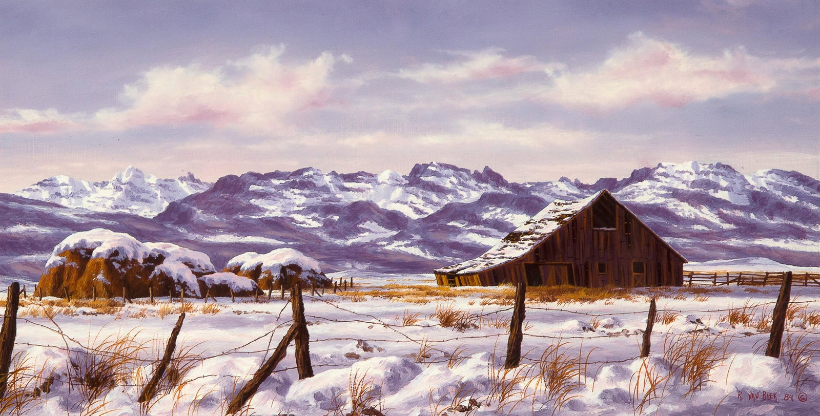 Randy Van Beek, Untitled (Winter Mountain Landscape): Randy Van Beek (b. 1958) Untitled (Winter Mountain Landscape with Barn) 1984 oil on board signed and dated lower right: R. Van Beek 84 © Dimensions: 6 5/8 x 13 in Framed Dimensions: 15 x 20 3/4 x 1 1