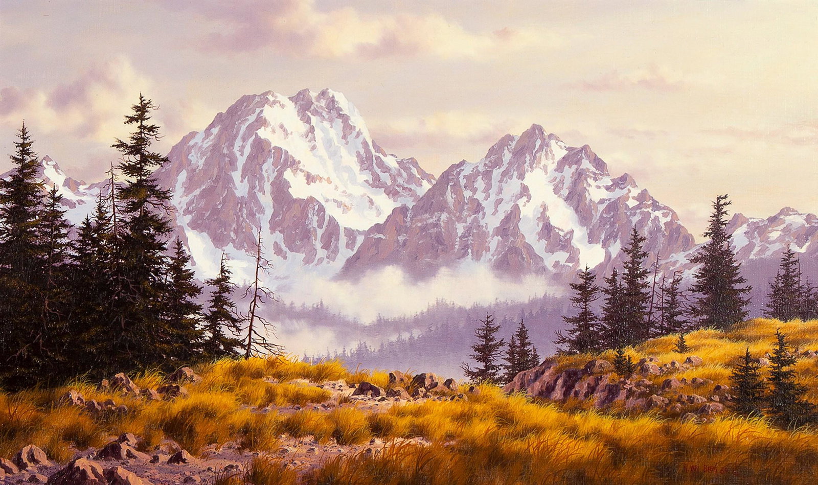 Randy Van Beek, Untitled (Snowy Mountain Landscape): Randy Van Beek (b. 1958) Untitled (Snowy Mountain Landscape) oil on board signed and dated lower right: R. Van Beek 84 © Dimensions: 8 1/2 x 15 in Framed Dimensions: 17 5/8 x 23 5/8 x 1 1/2 in Proven