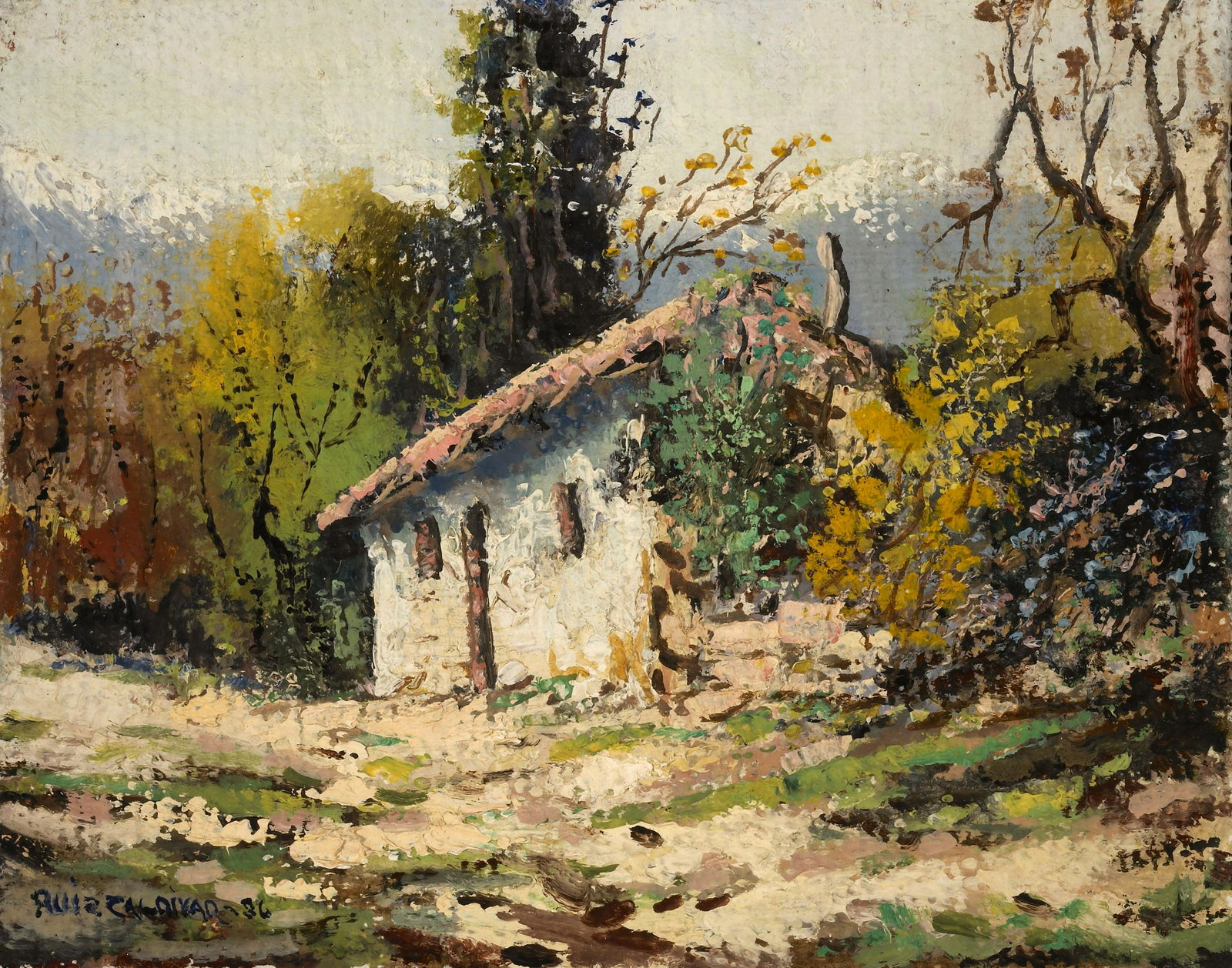 Carlos Ruiz Zaldivar, Rancho Blanco, Aconcagua - Chile: Carlos Ruiz Zaldivar (Chilean, 20th Century) Rancho Blanco, Aconcagua - Chile, 1986 oil on burlap on board signed and dated lower left: RUIZ ZALDIVAR - 86 inscribed verso: "RANCHO BLANCO" / ACONCAGUA 
