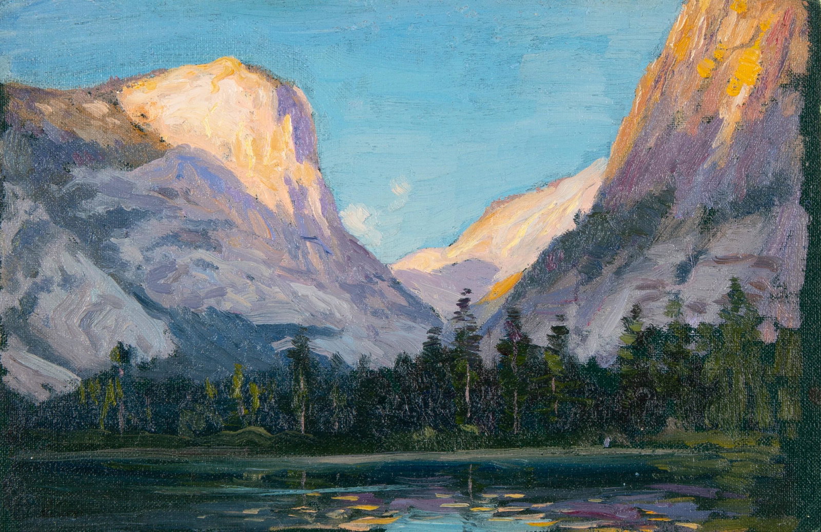 Eliot Clark, Four Paintings of Yosemite: Eliot Clark (1883 - 1980) Four Paintings of Yosemite Yosemite (Sunny Peaks), 1916 oil on canvas mounted to rag board signed lower left: Eliot Clark Dimensions: 4 5/8 x 7 in Framed Dimensions: 9 1/8 x 