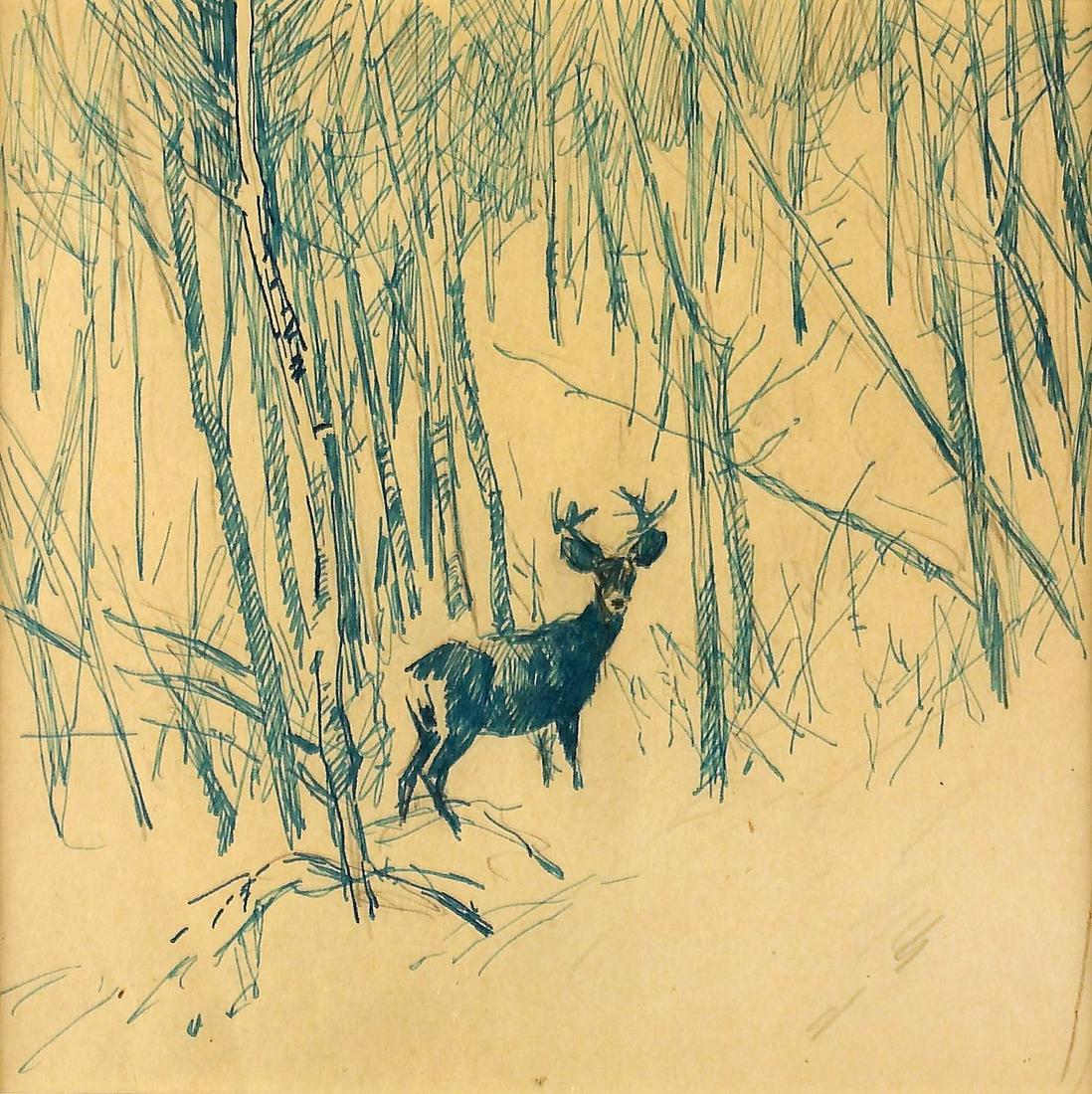 Frank Hoffman, Untitled (Buck in Aspen Trees): Frank Hoffman (1888 - 1958) Untitled (Buck in Aspen Trees) ink and graphite on paper Dimensions: 6 1/2 x 6 1/2 in (sight) Matted Dimensions: 12 x 12 in Provenance: The Estate of Frank Hoffman A Privat