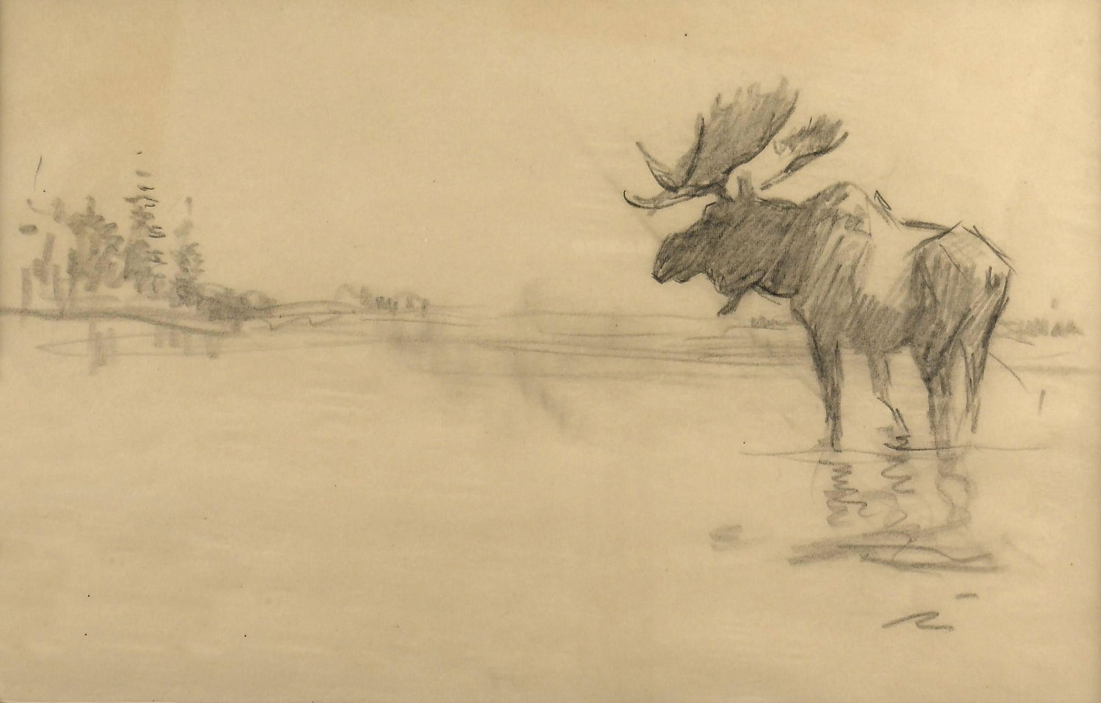 Frank Hoffman, Untitled (Moose in Lake): Frank Hoffman (1888 - 1958) Untitled (Moose in Lake) graphite on paper Dimensions: 7 x 11 in (sight) Matted Dimensions: 12 x 16 in Provenance: The Estate of Frank Hoffman A Private Family Foundation*